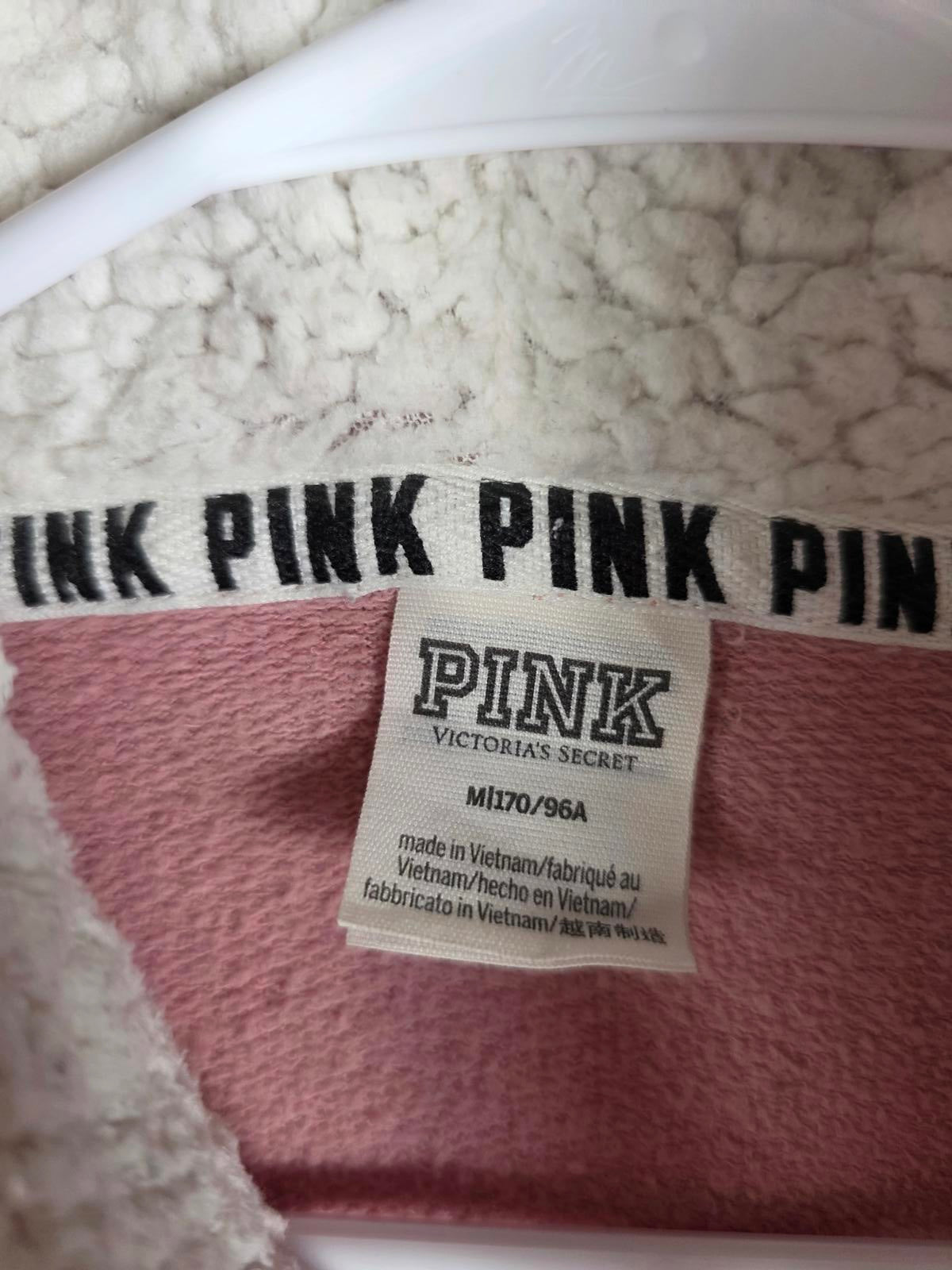 Victorias Secret Pink Sherpa Lined Hood Dog Logo LOVE Full zip sweater Jacket M