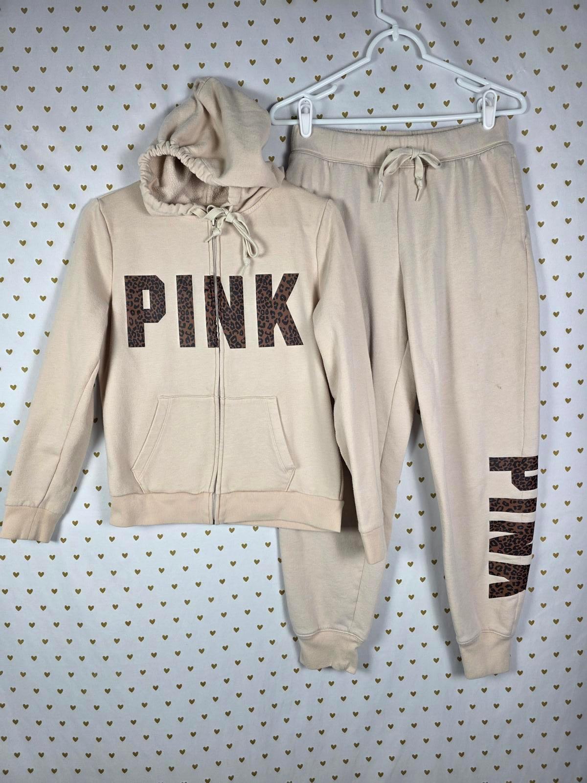 Victorias Secret Pink LEOPARD CHEETAH SET Hoodie Joggers Sweats SMALL Logo
