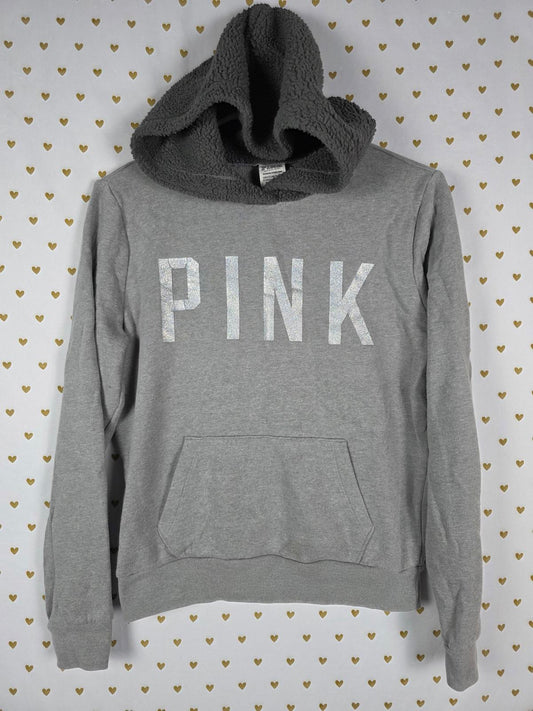 Victorias Secret Pink SHERPA HOOD GLITTER LOGO Pullover Sweater Shirt XS Grey