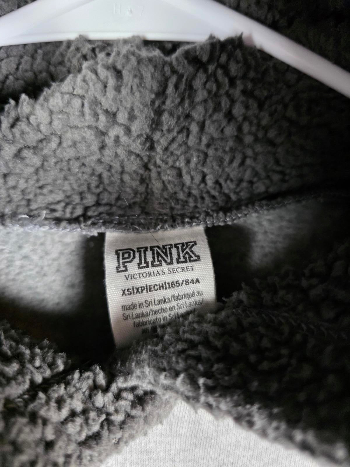 Victorias Secret Pink SHERPA HOOD GLITTER LOGO Pullover Sweater Shirt XS Grey