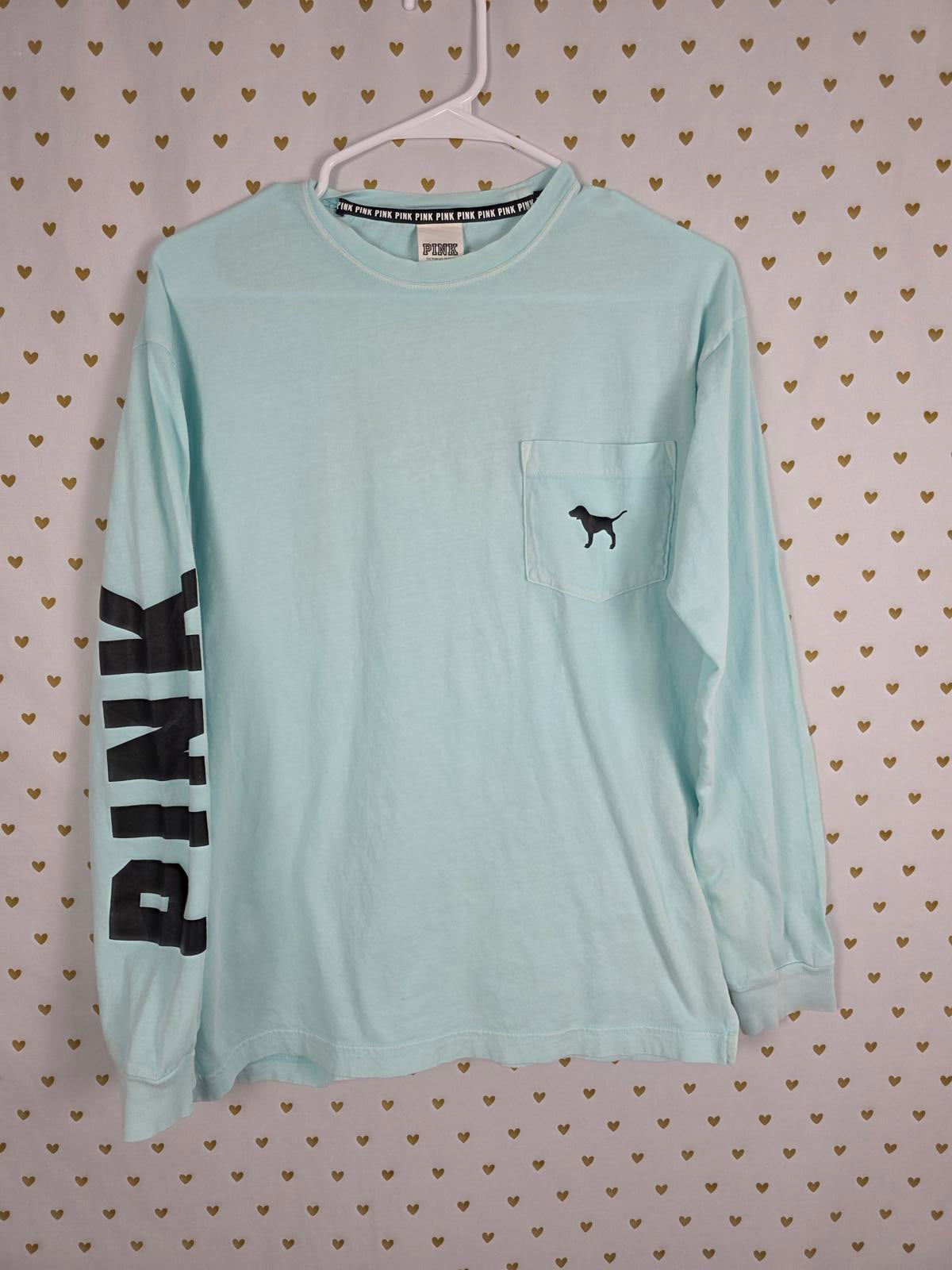 Victorias Secret PINK Dog Logo Long Sleeve Campus Pocket Tee Shirt BLUE XS