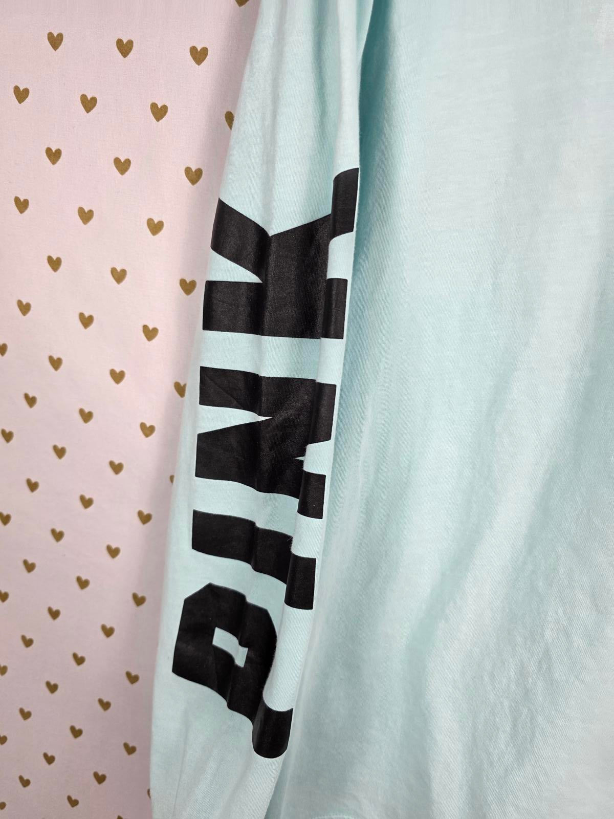 Victorias Secret PINK Dog Logo Long Sleeve Campus Pocket Tee Shirt BLUE XS