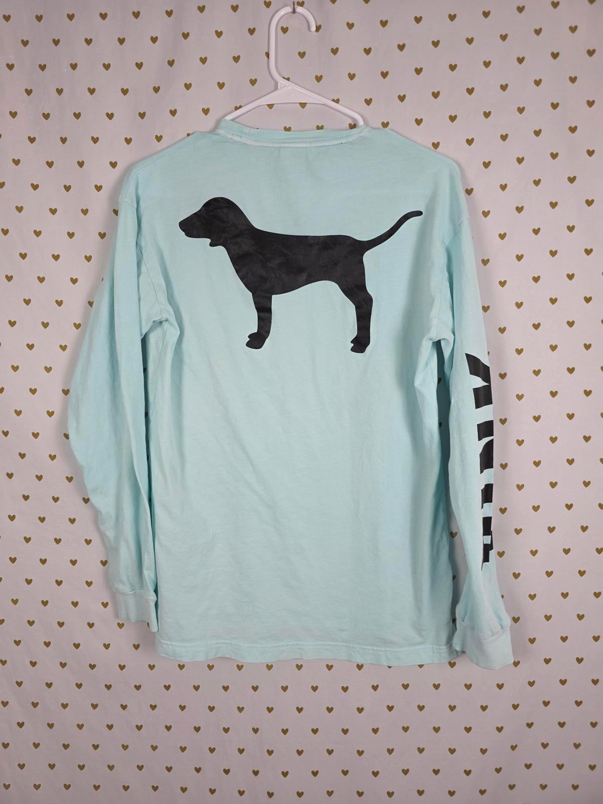 Victorias Secret PINK Dog Logo Long Sleeve Campus Pocket Tee Shirt BLUE XS