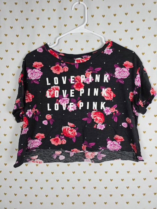 Victorias Secret PINK FLORAL BLING STUDDED Cute Cropped Tee Shirt LOVE MEDIUM