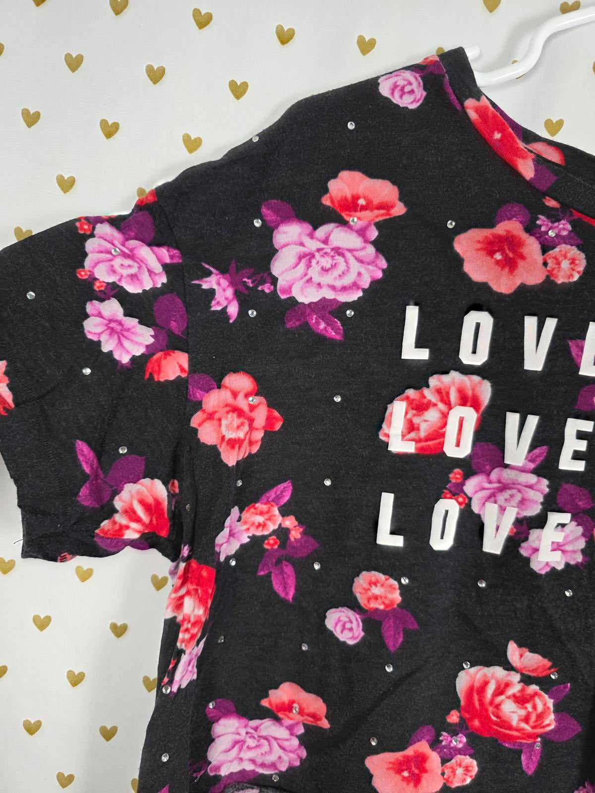 Victorias Secret PINK FLORAL BLING STUDDED Cute Cropped Tee Shirt LOVE MEDIUM