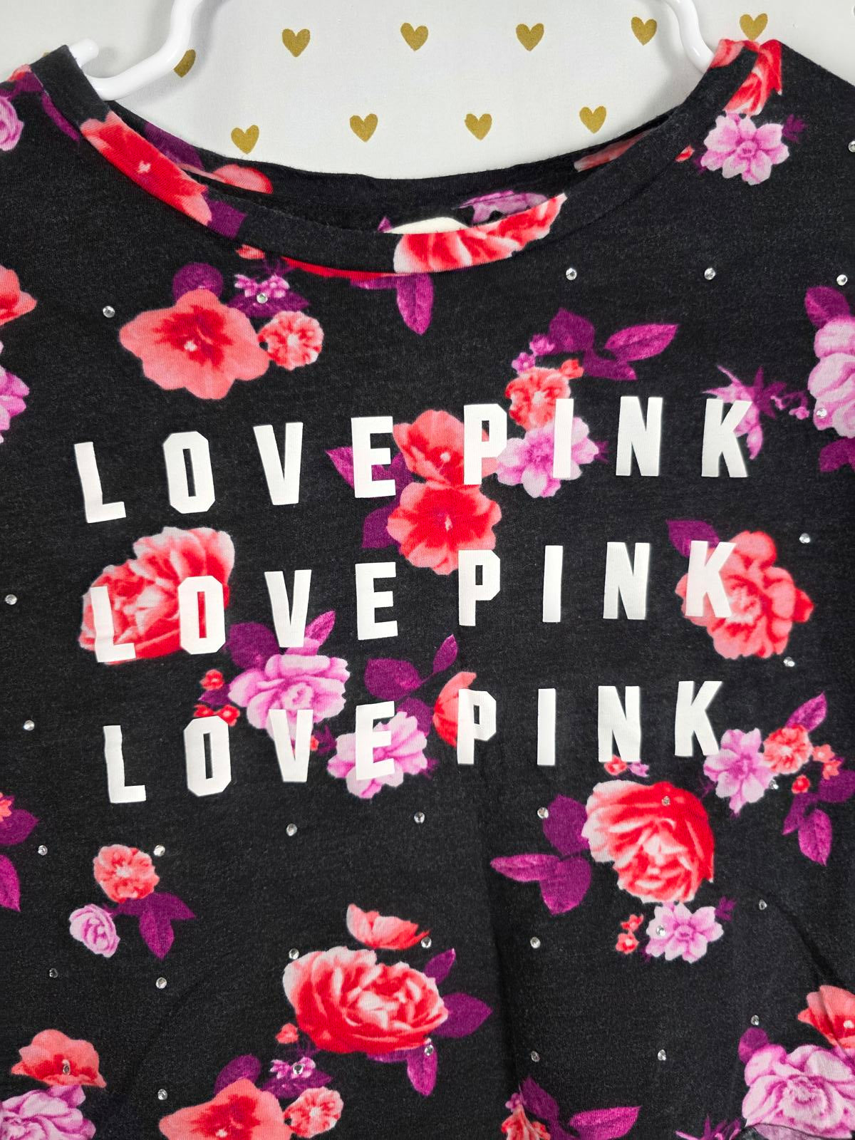 Victorias Secret PINK FLORAL BLING STUDDED Cute Cropped Tee Shirt LOVE MEDIUM