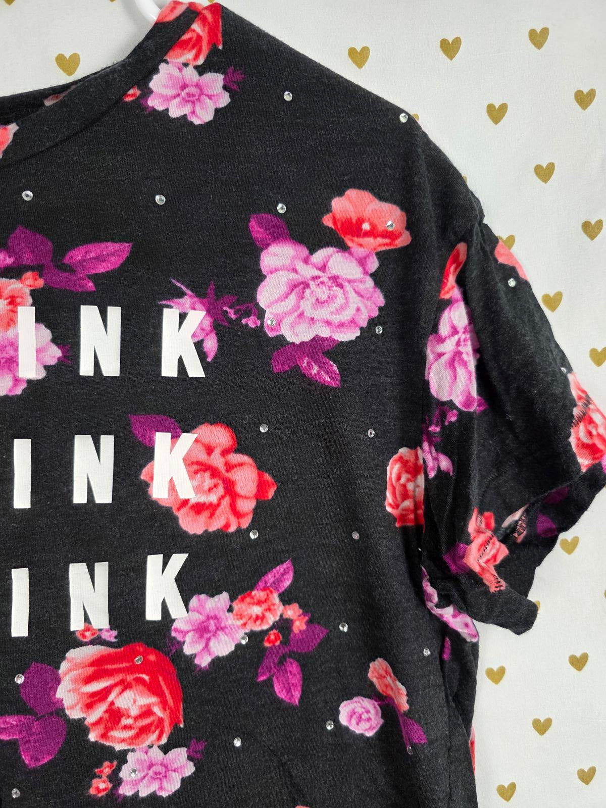 Victorias Secret PINK FLORAL BLING STUDDED Cute Cropped Tee Shirt LOVE MEDIUM