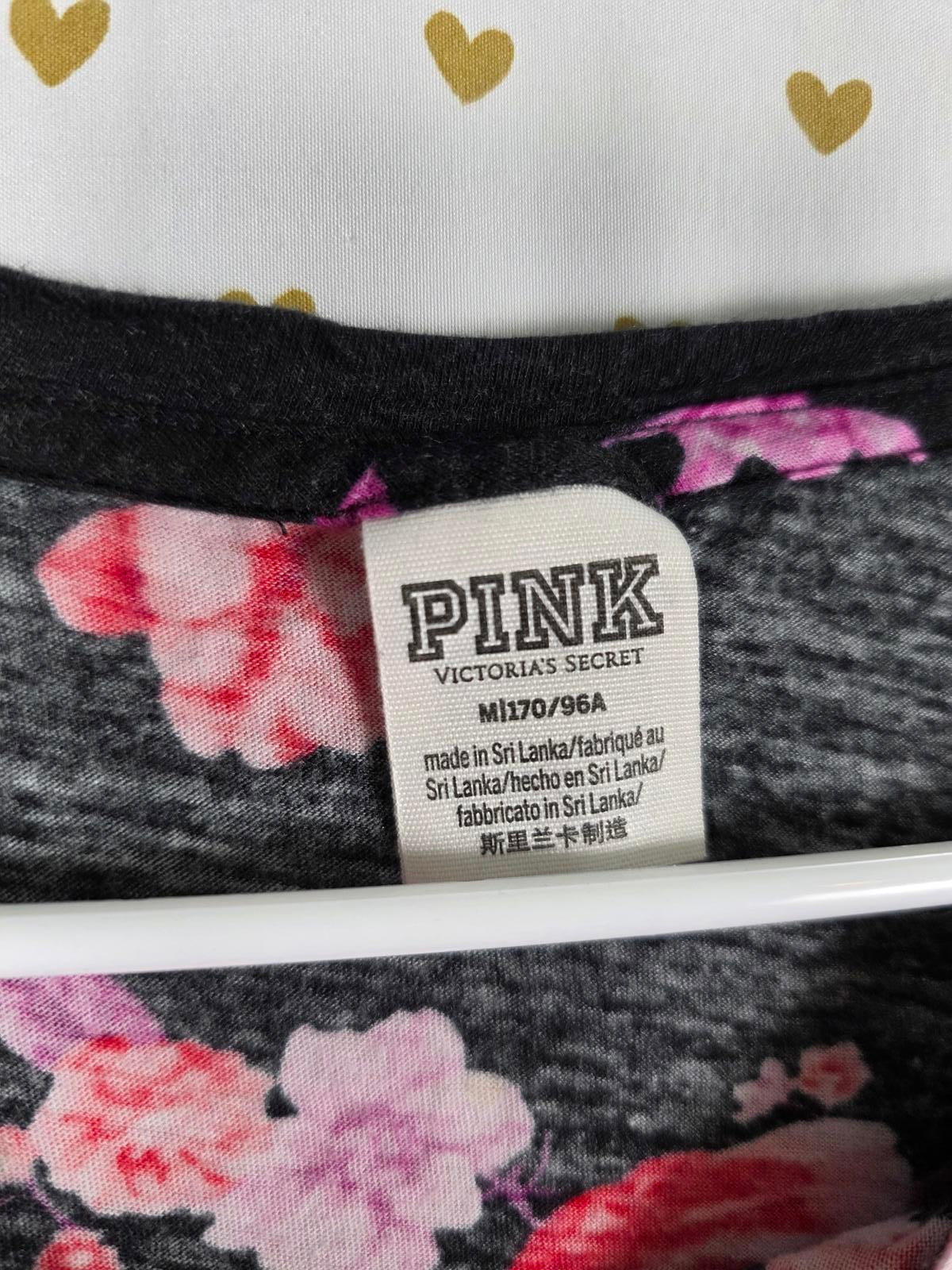 Victorias Secret PINK FLORAL BLING STUDDED Cute Cropped Tee Shirt LOVE MEDIUM