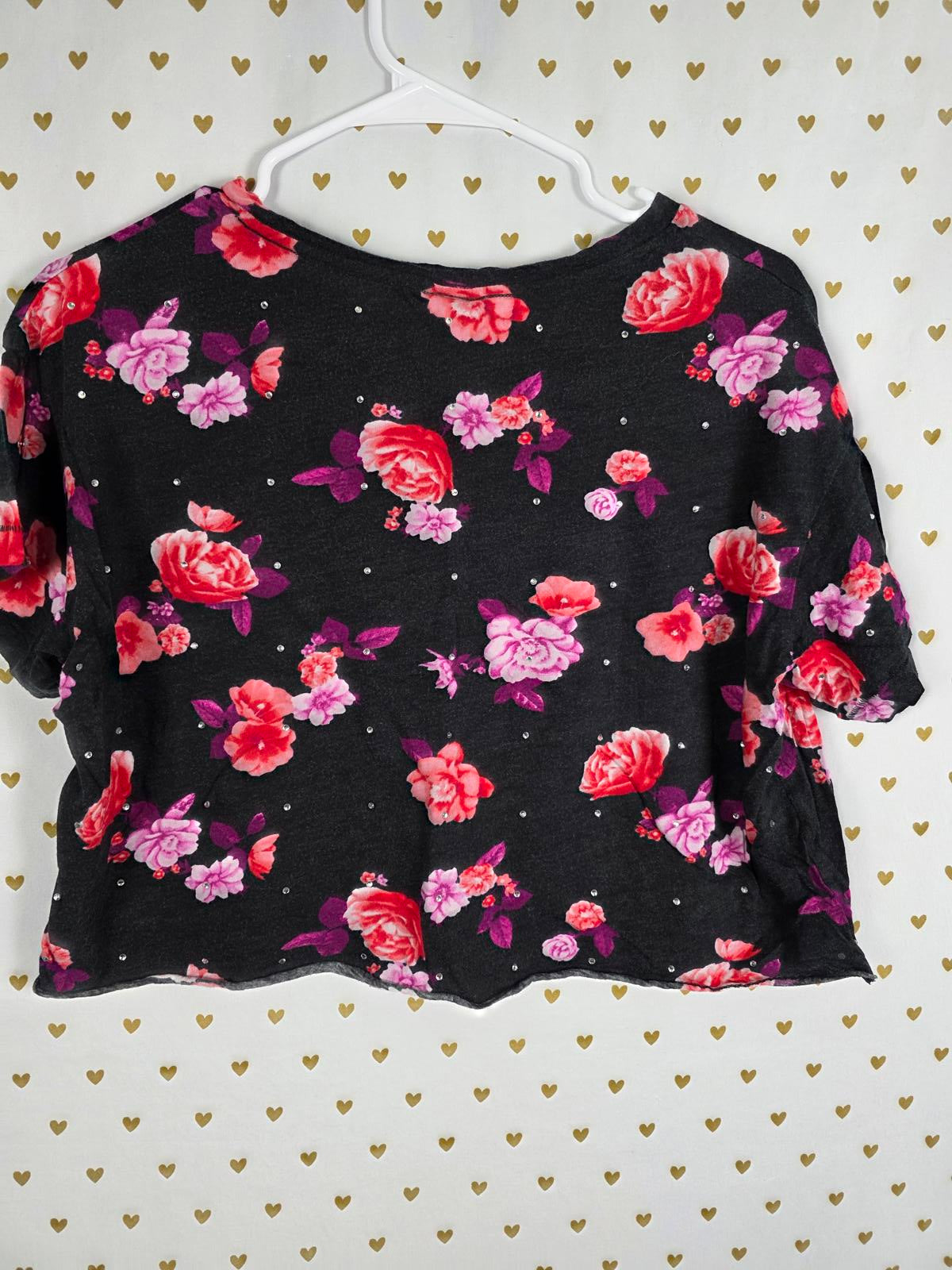 Victorias Secret PINK FLORAL BLING STUDDED Cute Cropped Tee Shirt LOVE MEDIUM