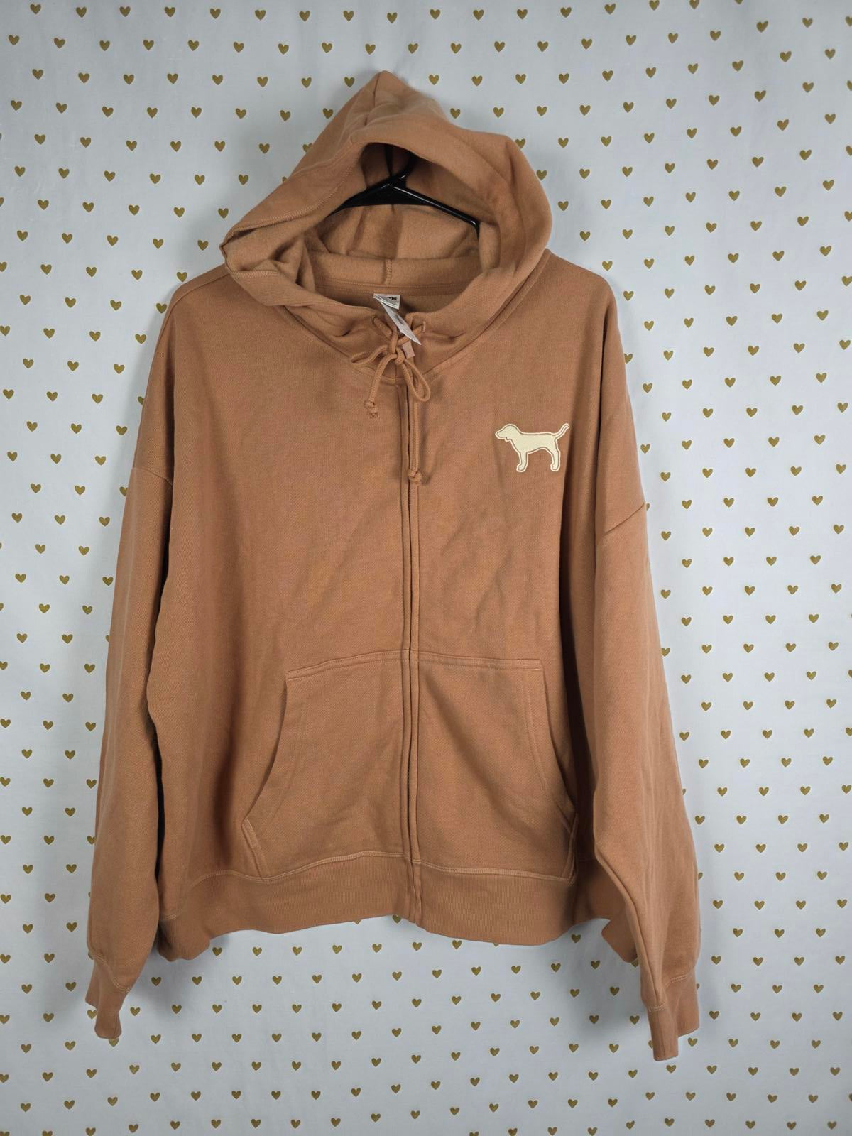 Victorias Secret Pink Brown Dog Logo Full Zip Hoodie Jacket NEW NWT XL