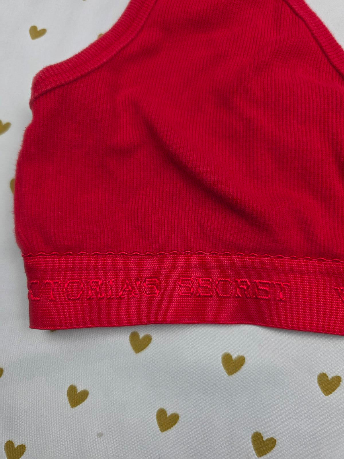 Victorias Secret Bralette Medium Red Button Front Ribbed Logo Band Tank COTTON