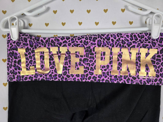 Victorias Secret PINK Purple VTG BLING Cheetah LOVE FOLDOVER Yoga Pants SMALL