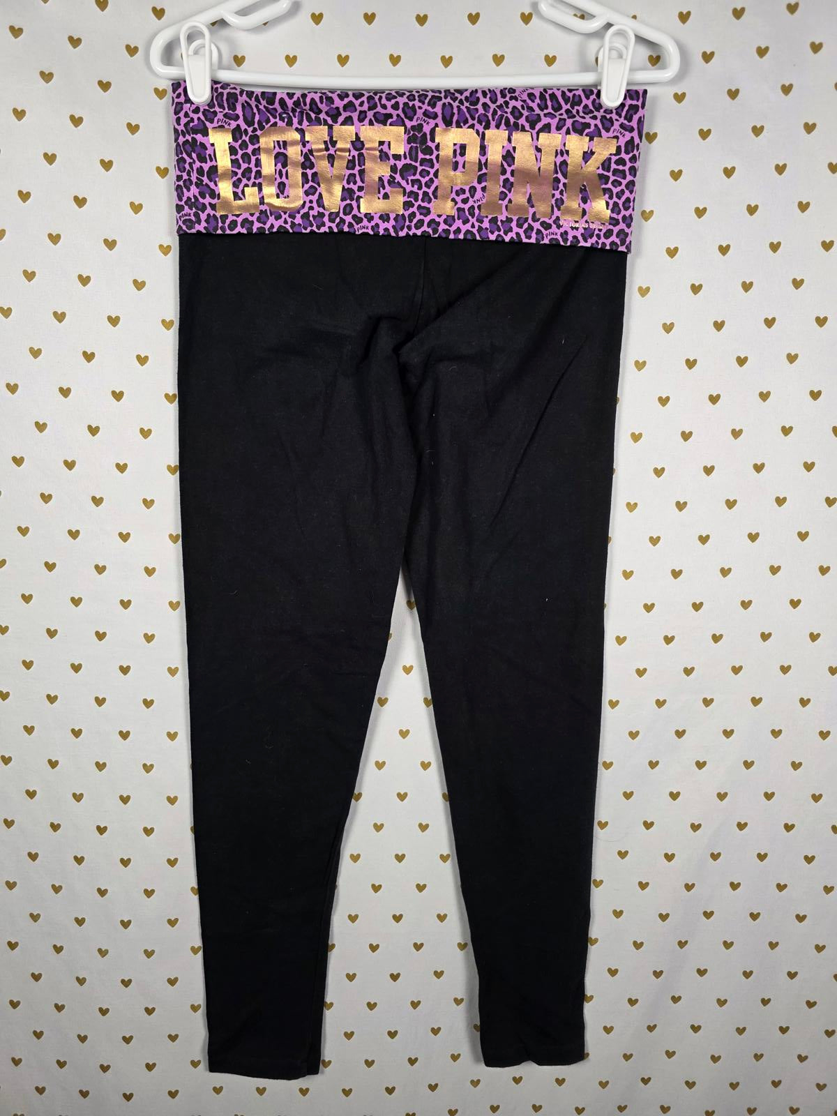 Victorias Secret PINK Purple VTG BLING Cheetah LOVE FOLDOVER Yoga Pants SMALL