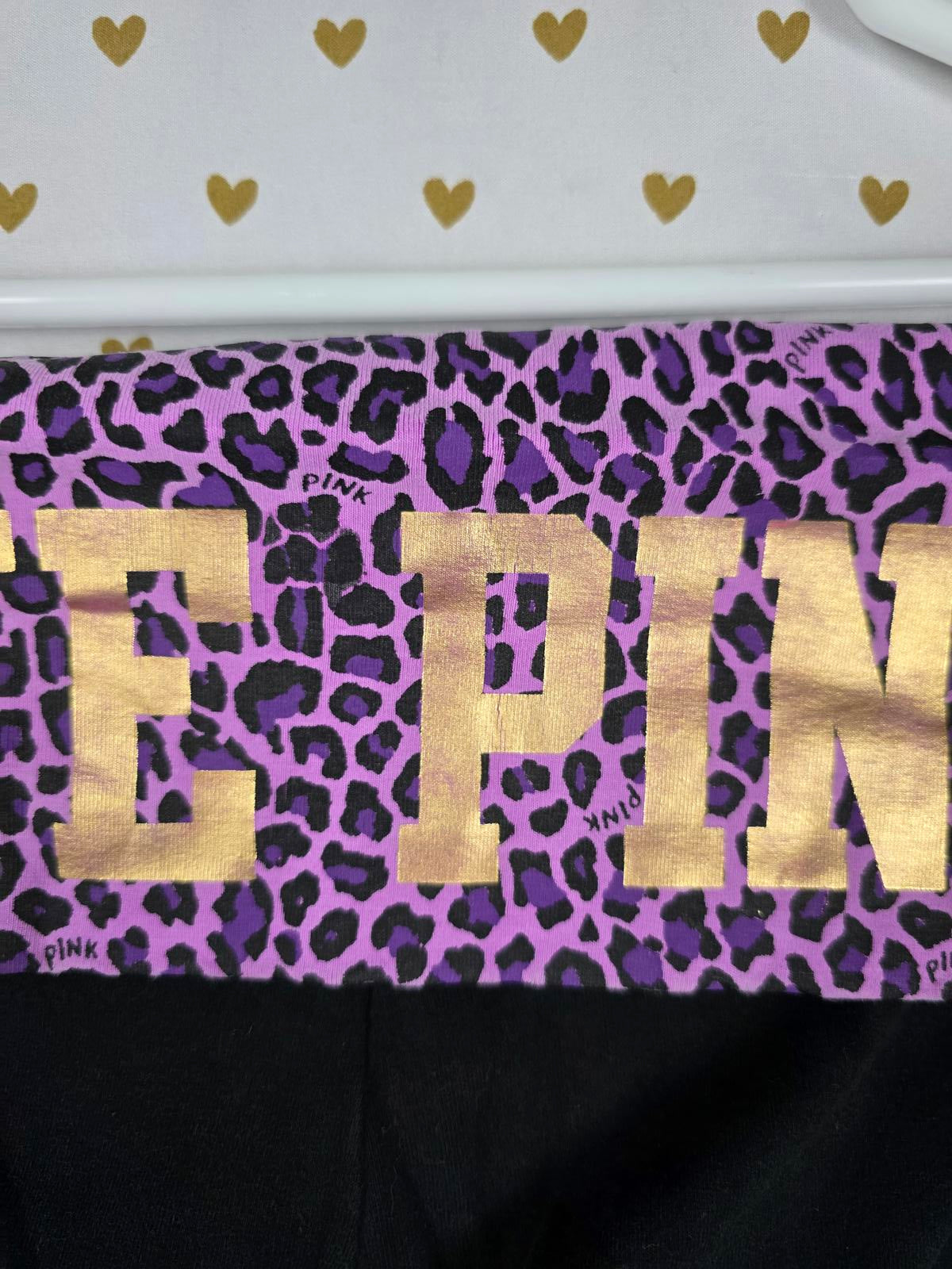 Victorias Secret PINK Purple VTG BLING Cheetah LOVE FOLDOVER Yoga Pants SMALL