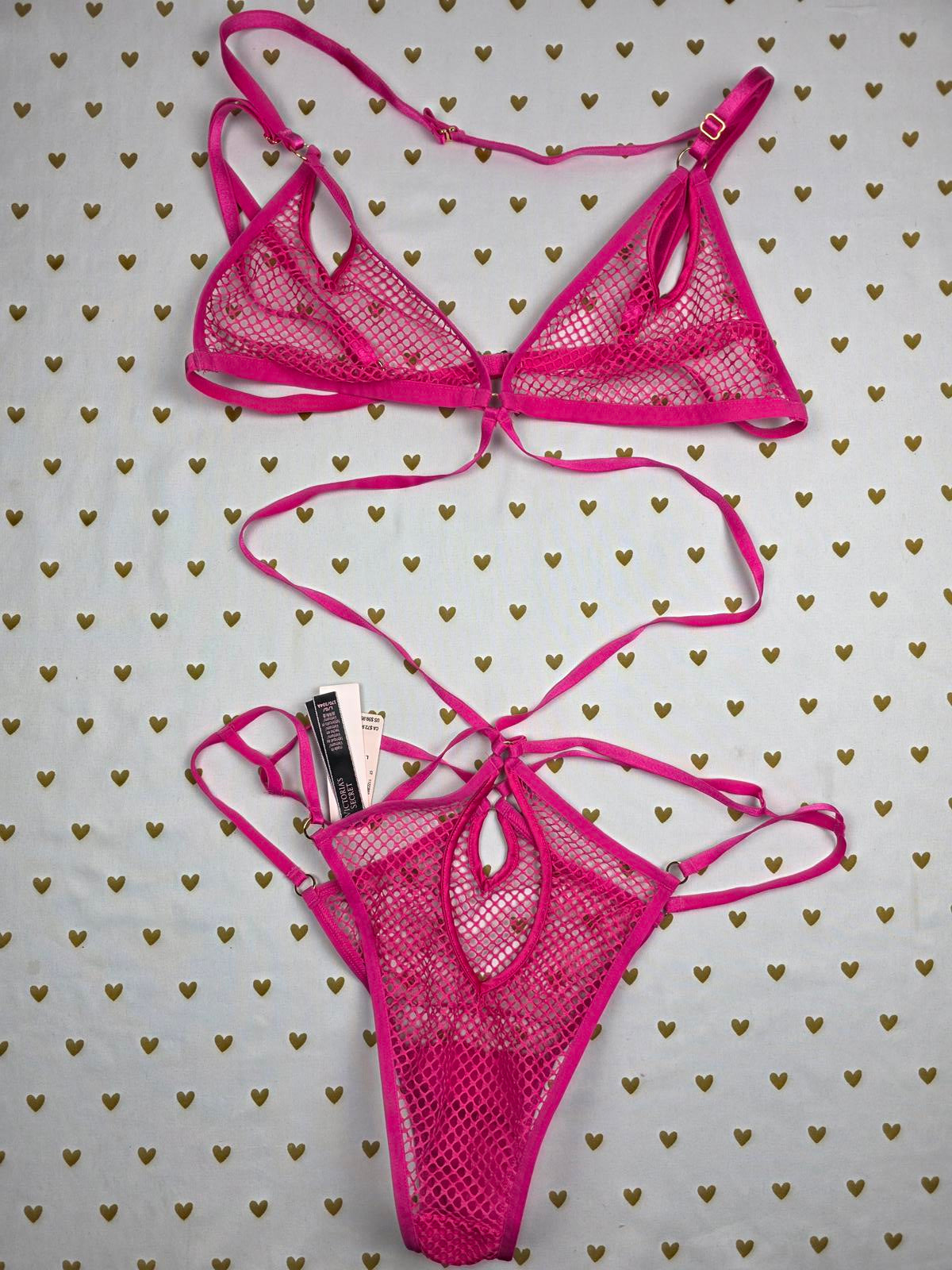 Victorias Secret NEW NWT Mesh Unlined Strappy Fishnet Teddy Hot Pink LARGE