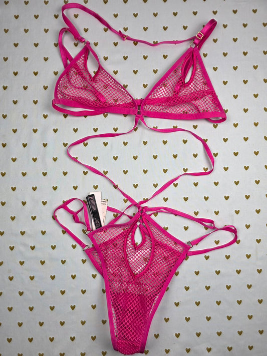Victorias Secret NEW NWT Mesh Unlined Strappy Fishnet Teddy Hot Pink LARGE