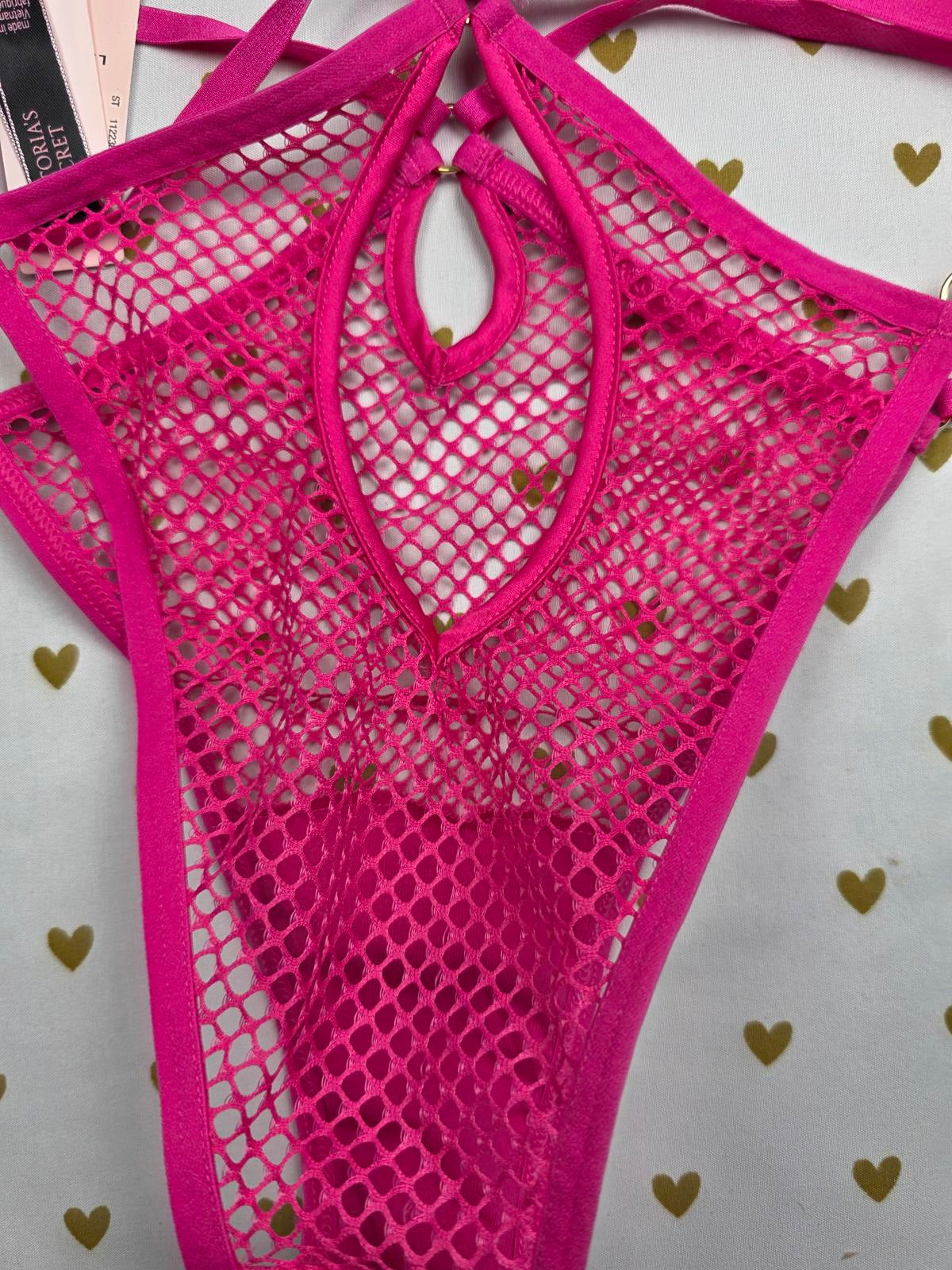 Victorias Secret NEW NWT Mesh Unlined Strappy Fishnet Teddy Hot Pink LARGE
