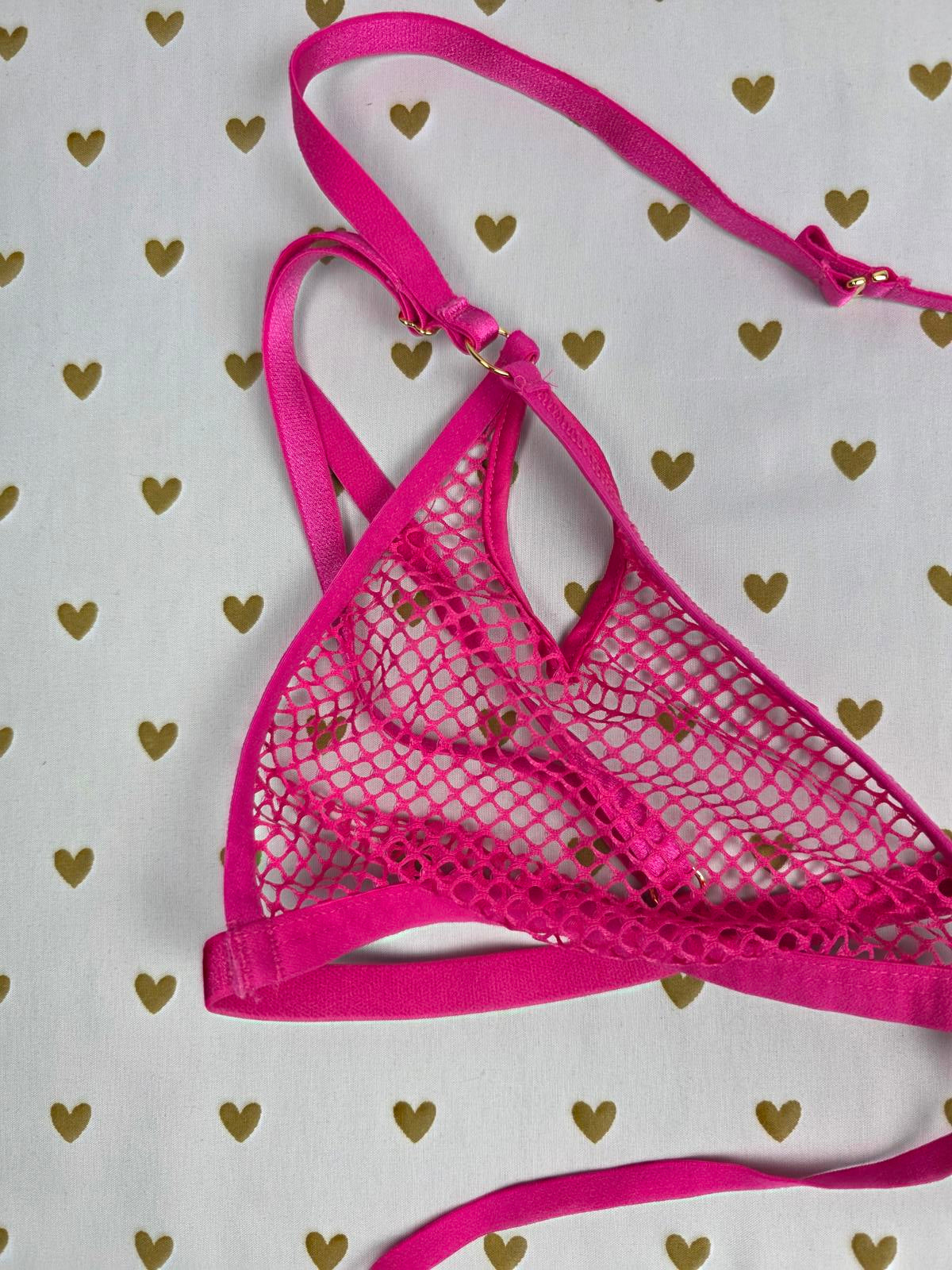 Victorias Secret NEW NWT Mesh Unlined Strappy Fishnet Teddy Hot Pink LARGE