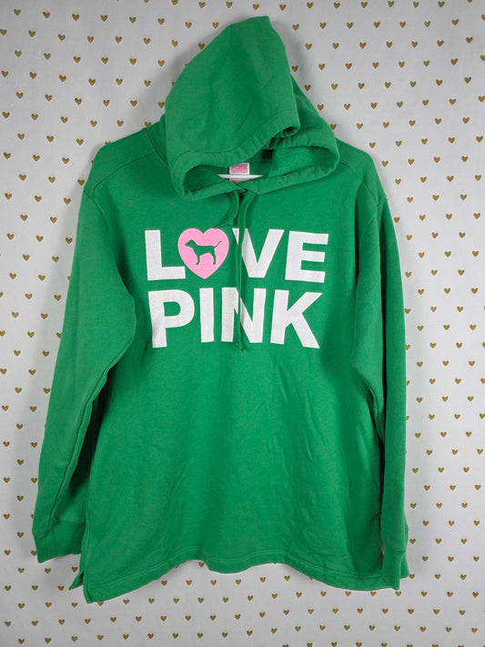 Victorias Secret Pink Fleece CAMPUS ORIGINALS Green Hoodie Sweater Glitter MED