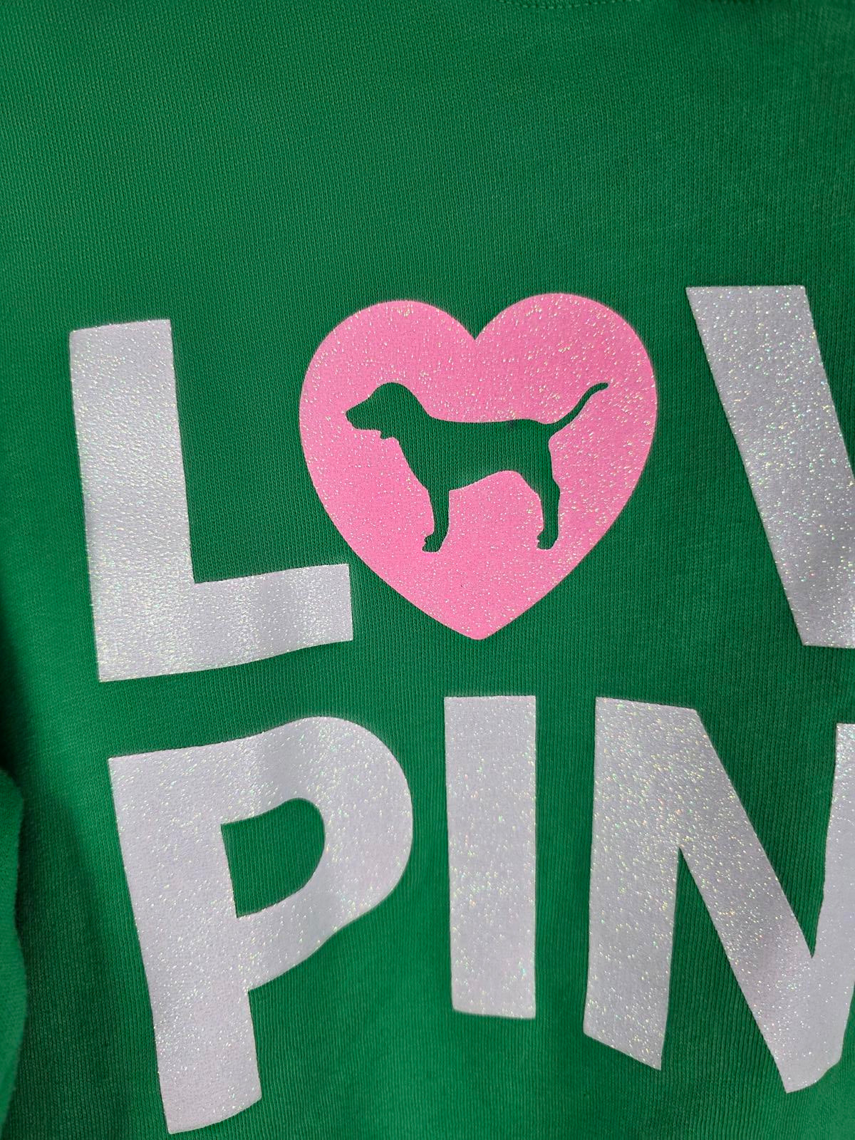 Victorias Secret Pink Fleece CAMPUS ORIGINALS Green Hoodie Sweater Glitter MED