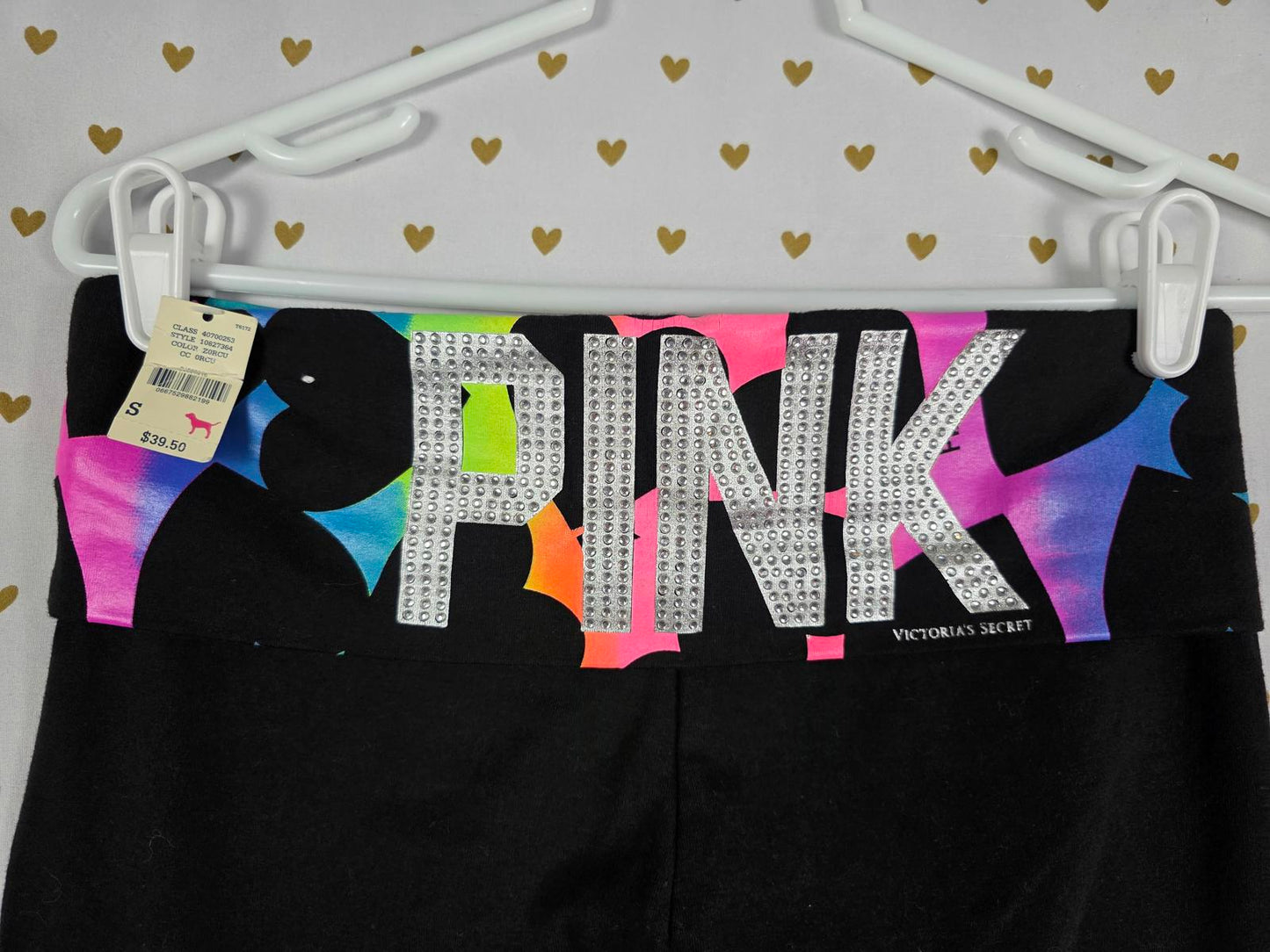 Victorias Secret PINK NEW NWT Rare HEART RAINBOW BLING Foldover Leggings Yoga SM
