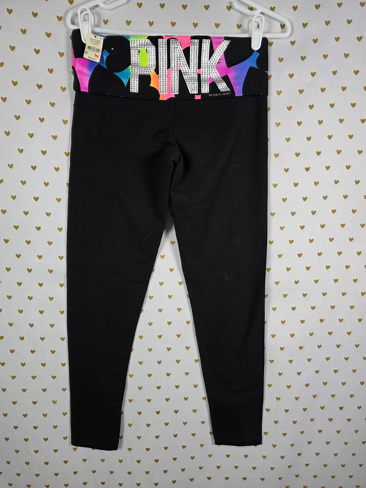 Victorias Secret PINK NEW NWT Rare HEART RAINBOW BLING Foldover Leggings Yoga SM