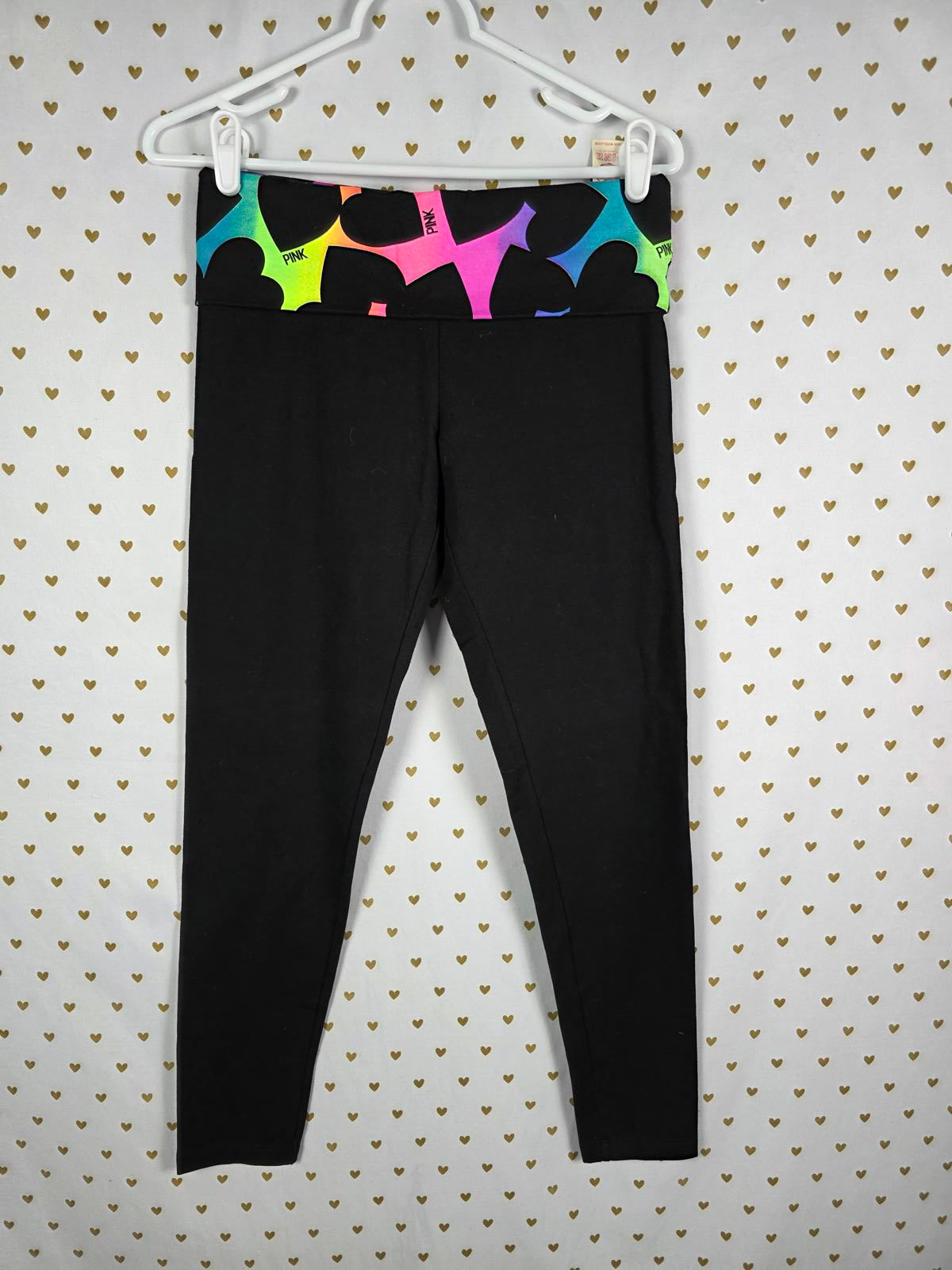 Victorias Secret PINK NEW NWT Rare HEART RAINBOW BLING Foldover Leggings Yoga SM