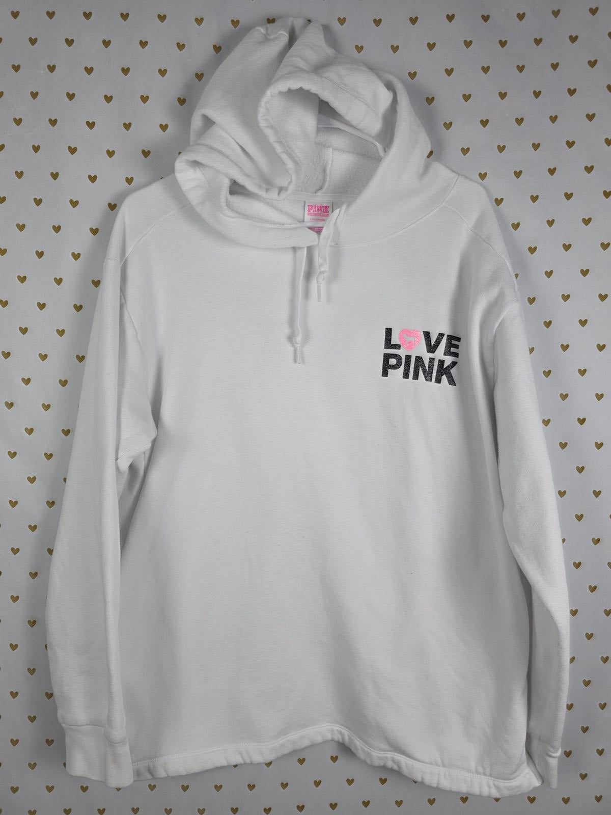 Victorias Secret Pink LOVE Glitter Originals CAMPUS Hoodie Pullover Sweater L
