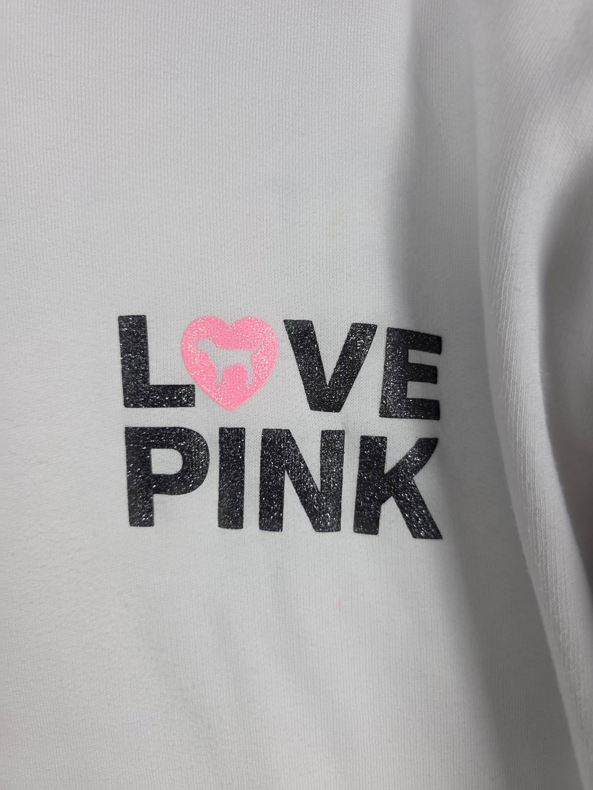 Victorias Secret Pink LOVE Glitter Originals CAMPUS Hoodie Pullover Sweater L