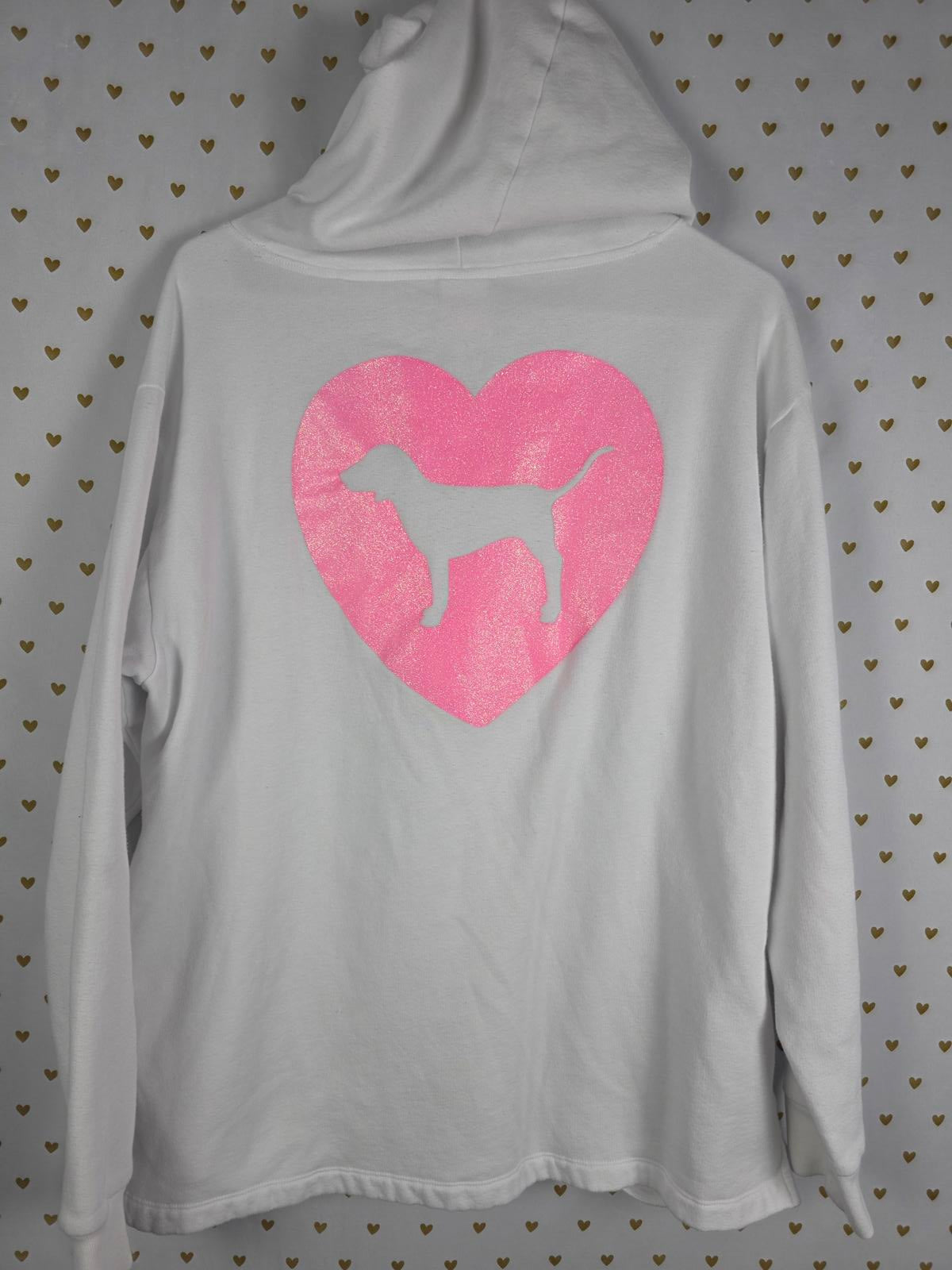 Victorias Secret Pink LOVE Glitter Originals CAMPUS Hoodie Pullover Sweater L