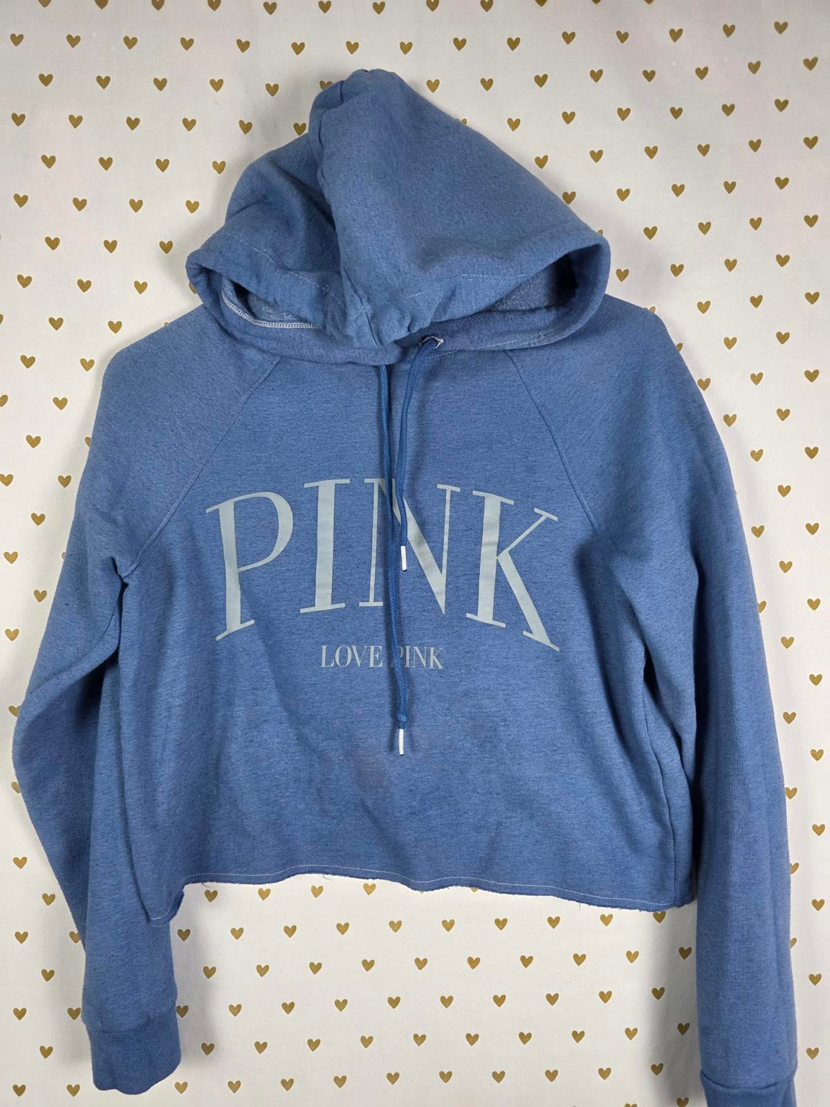 Victorias Secret Pink Pullover Cropped Blue Logo Hoodie XS