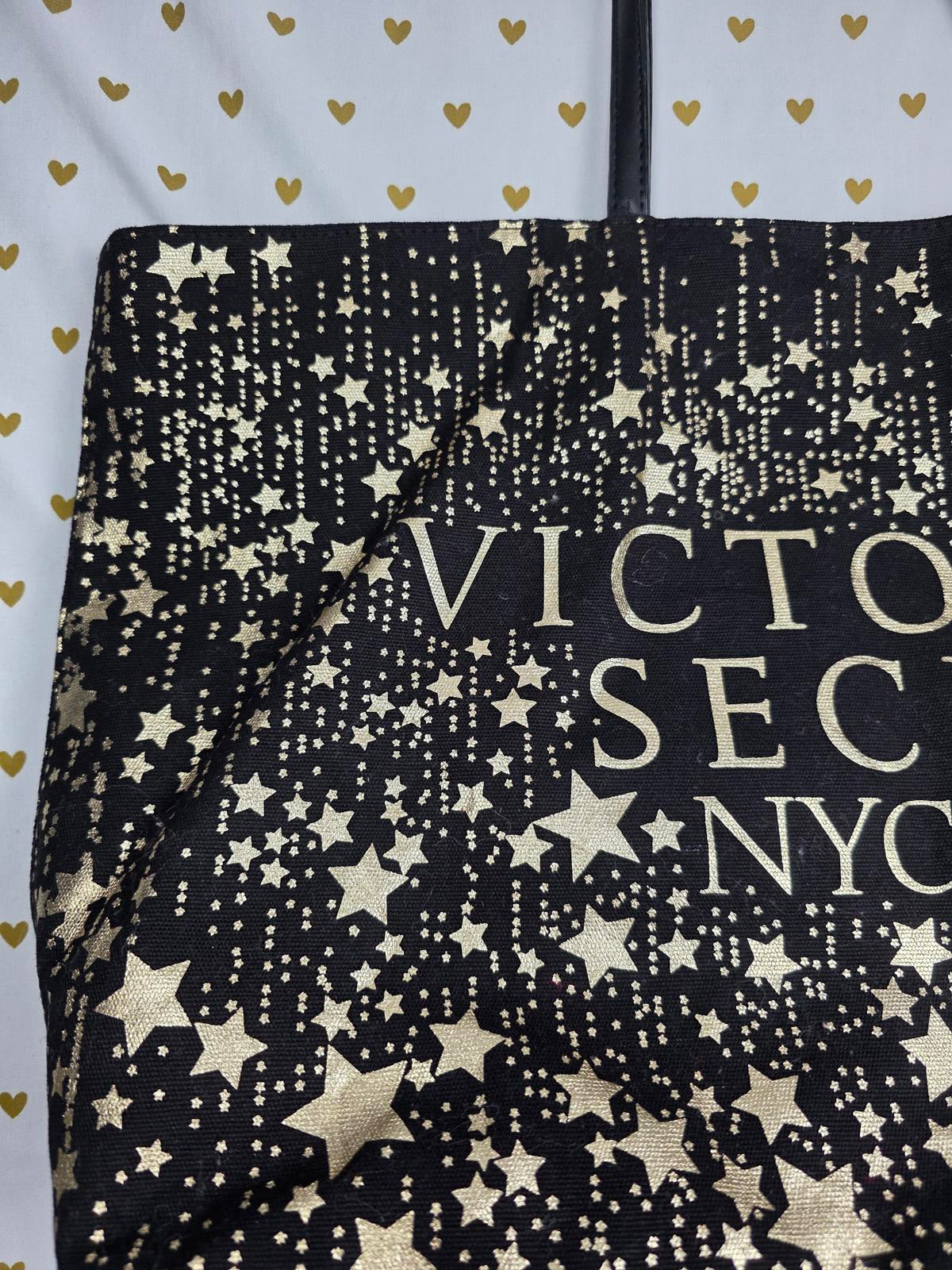VICTORIA'S SECRET NYC 2018 Signature Tote Bag Canvas Black Gold Stars Jumbo