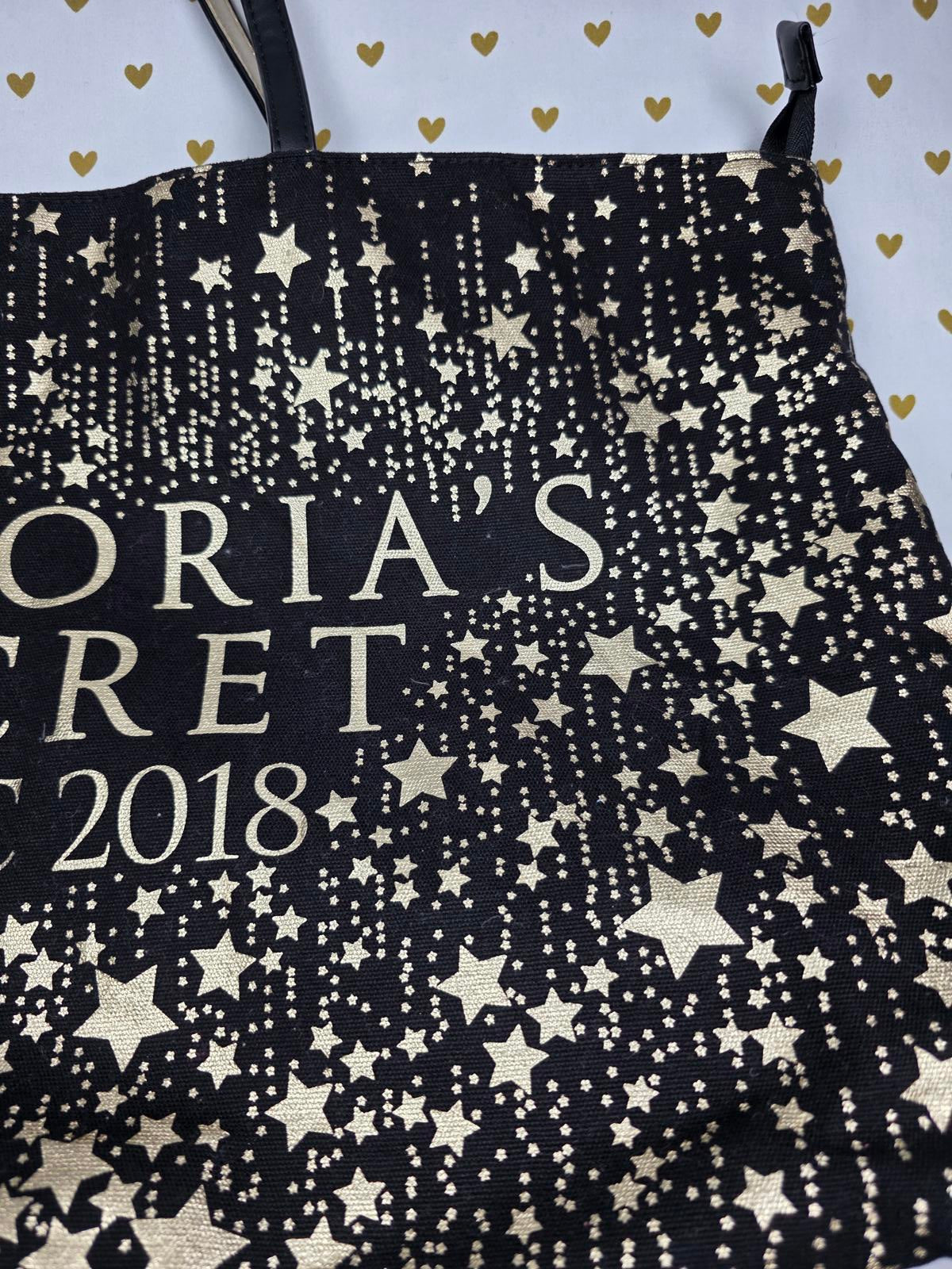 VICTORIA'S SECRET NYC 2018 Signature Tote Bag Canvas Black Gold Stars Jumbo