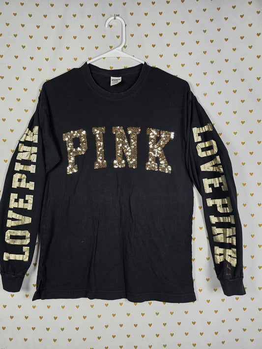Victorias Secret PINK BLING GOLD LONG SLEEVE Campus Tee shirt XS