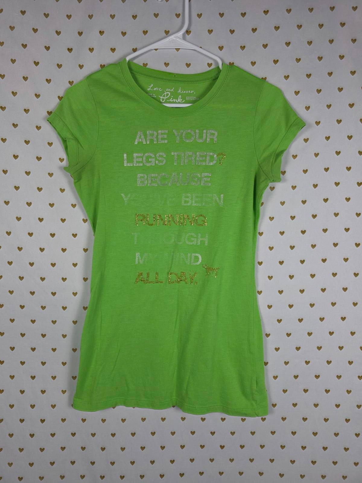 Victorias Secret PINK RARE VINTAGE y2k Green Bling Tee Shirt Cotton SMALL