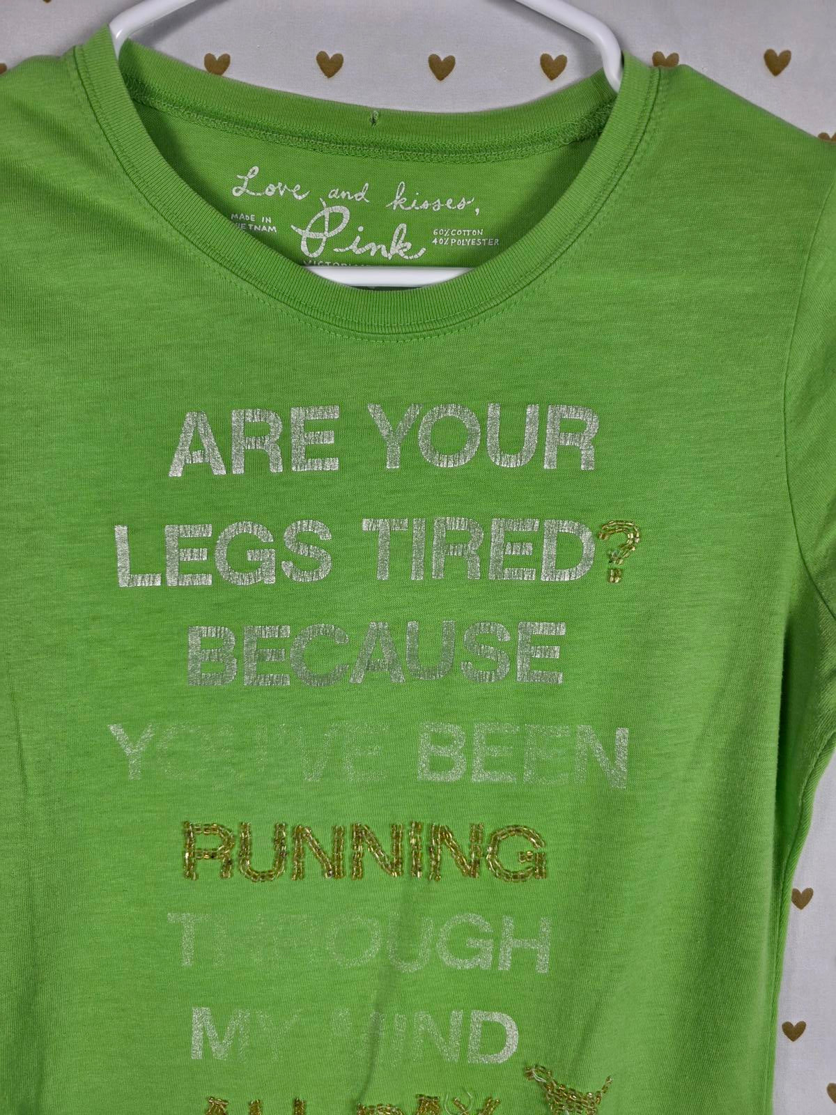 Victorias Secret PINK RARE VINTAGE y2k Green Bling Tee Shirt Cotton SMALL