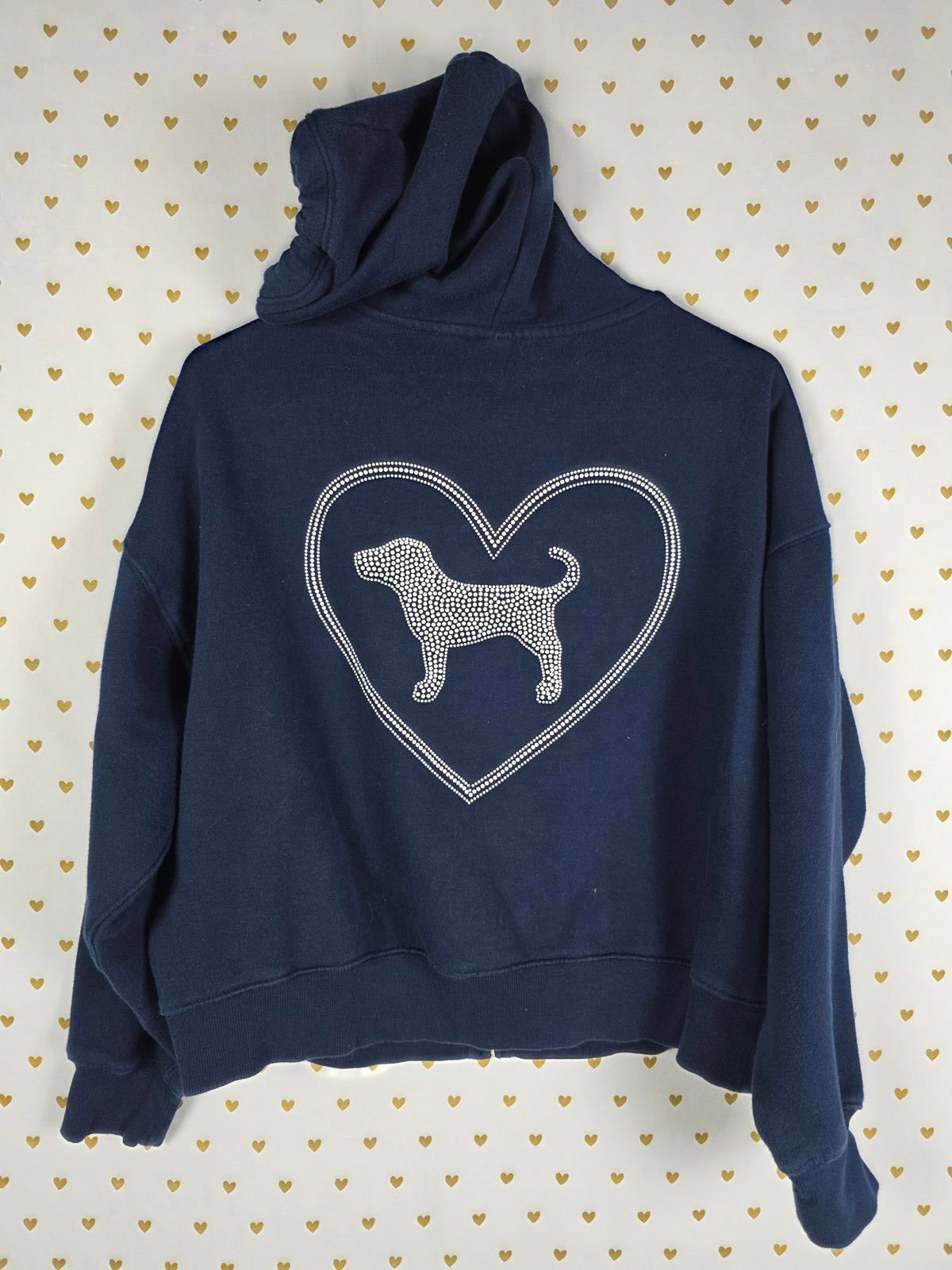 Victorias Secret Pink Campus Full zip Navy BLING Dog Heart Logo Hoodie Jacket SM