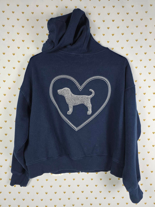 Victorias Secret Pink Campus Full zip Navy BLING Dog Heart Logo Hoodie Jacket SM