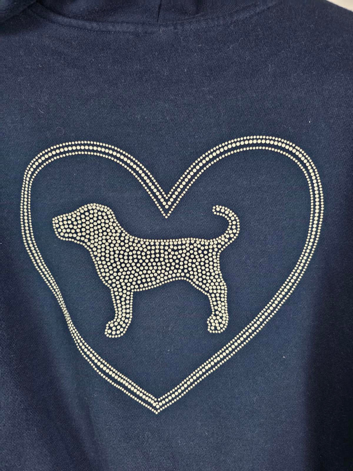 Victorias Secret Pink Campus Full zip Navy BLING Dog Heart Logo Hoodie Jacket SM
