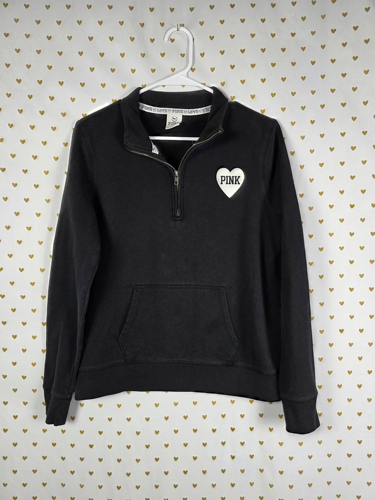 Victorias Secret Pink Black VINTAGE Quarter Zip Pullover heart Sweater SMALL