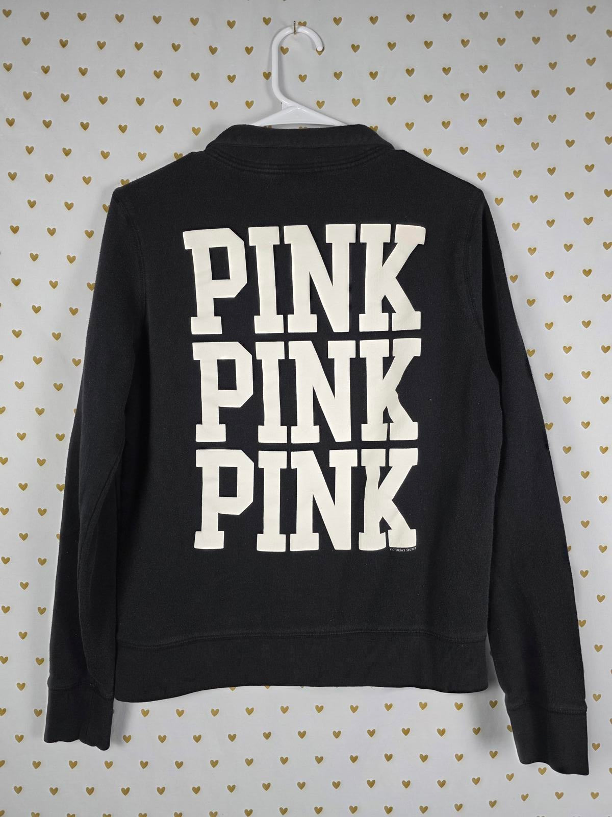 Victorias Secret Pink Black VINTAGE Quarter Zip Pullover heart Sweater SMALL