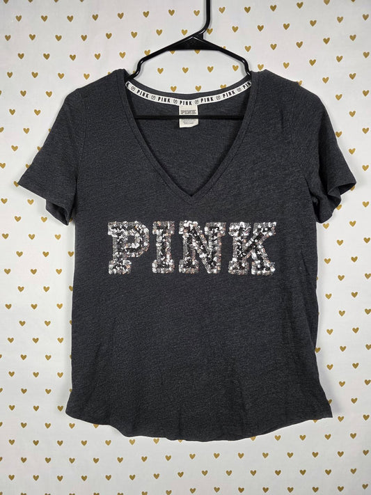 Victorias Secret PINK V neck BLING Sequined Silver Logo Black SMALL
