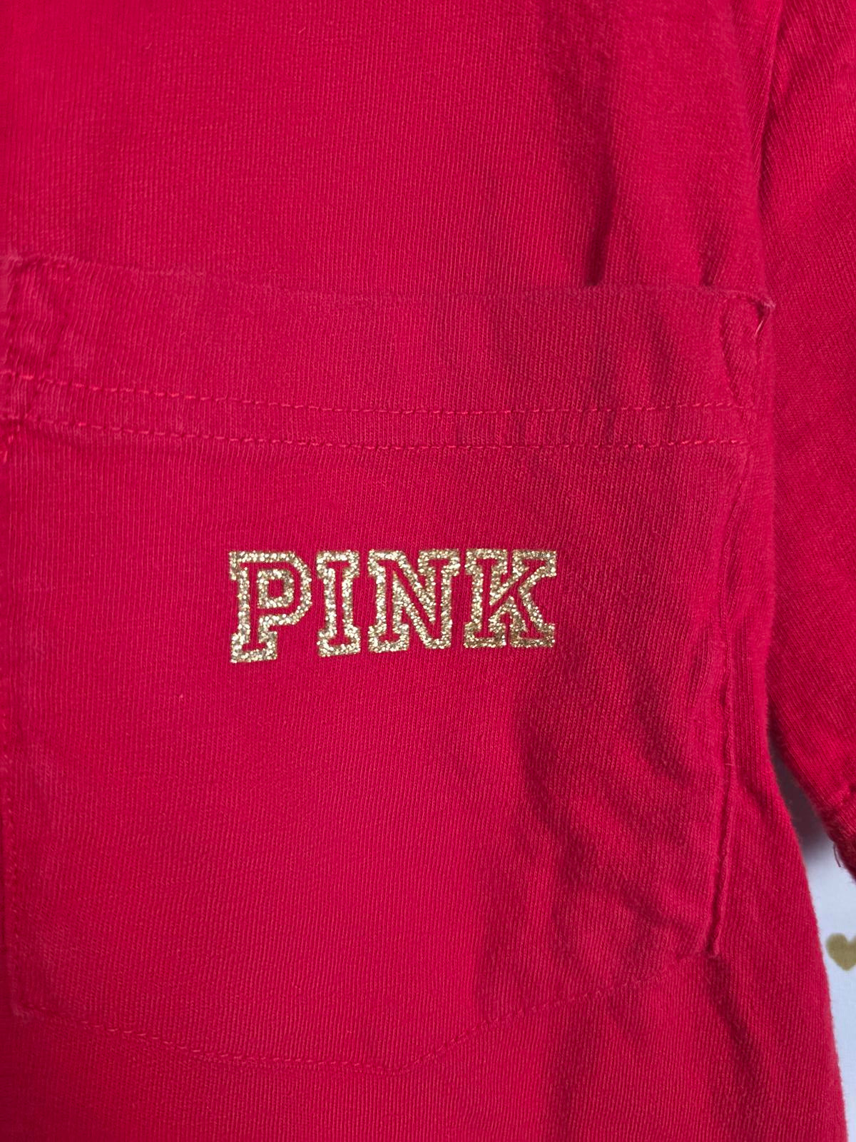 Victorias Secret PINK GOLD BLING GLITTER Dog Logo Tee Shirt Red SMALL