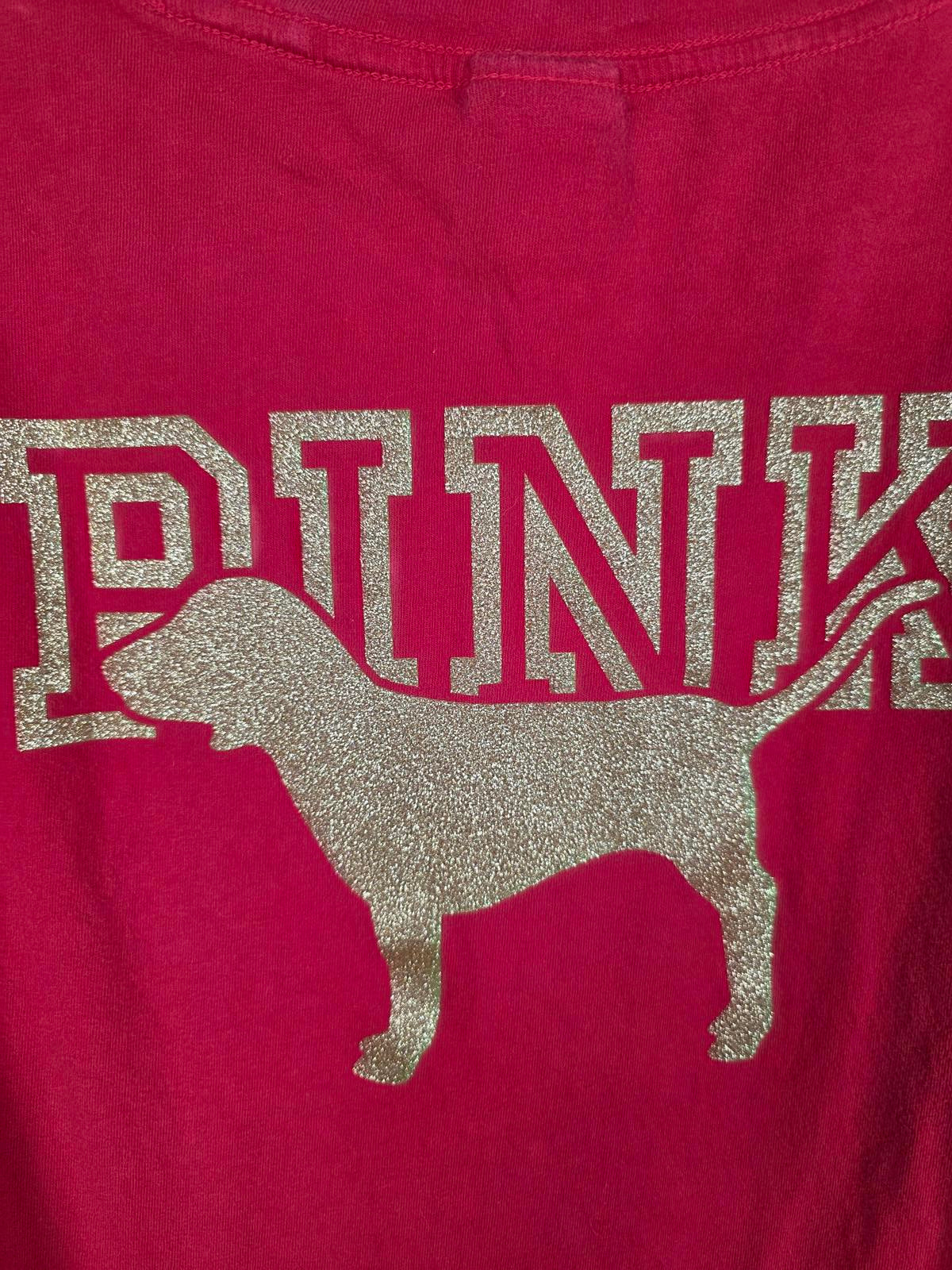 Victorias Secret PINK GOLD BLING GLITTER Dog Logo Tee Shirt Red SMALL