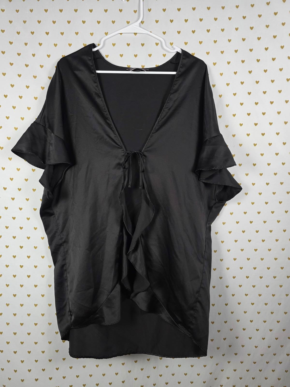 Victorias Secret Satin Silky Robe Tie Front Smock Ruffled Black ONE SIZE FITS AL