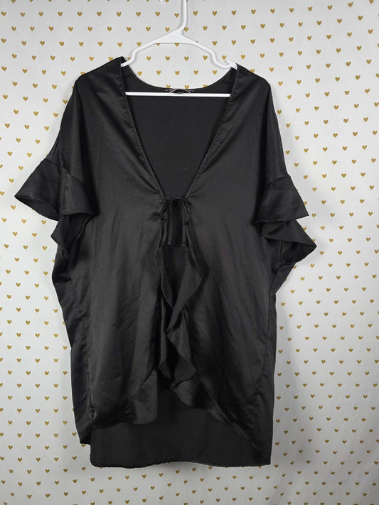 Victorias Secret Satin Silky Robe Tie Front Smock Ruffled Black ONE SIZE FITS AL