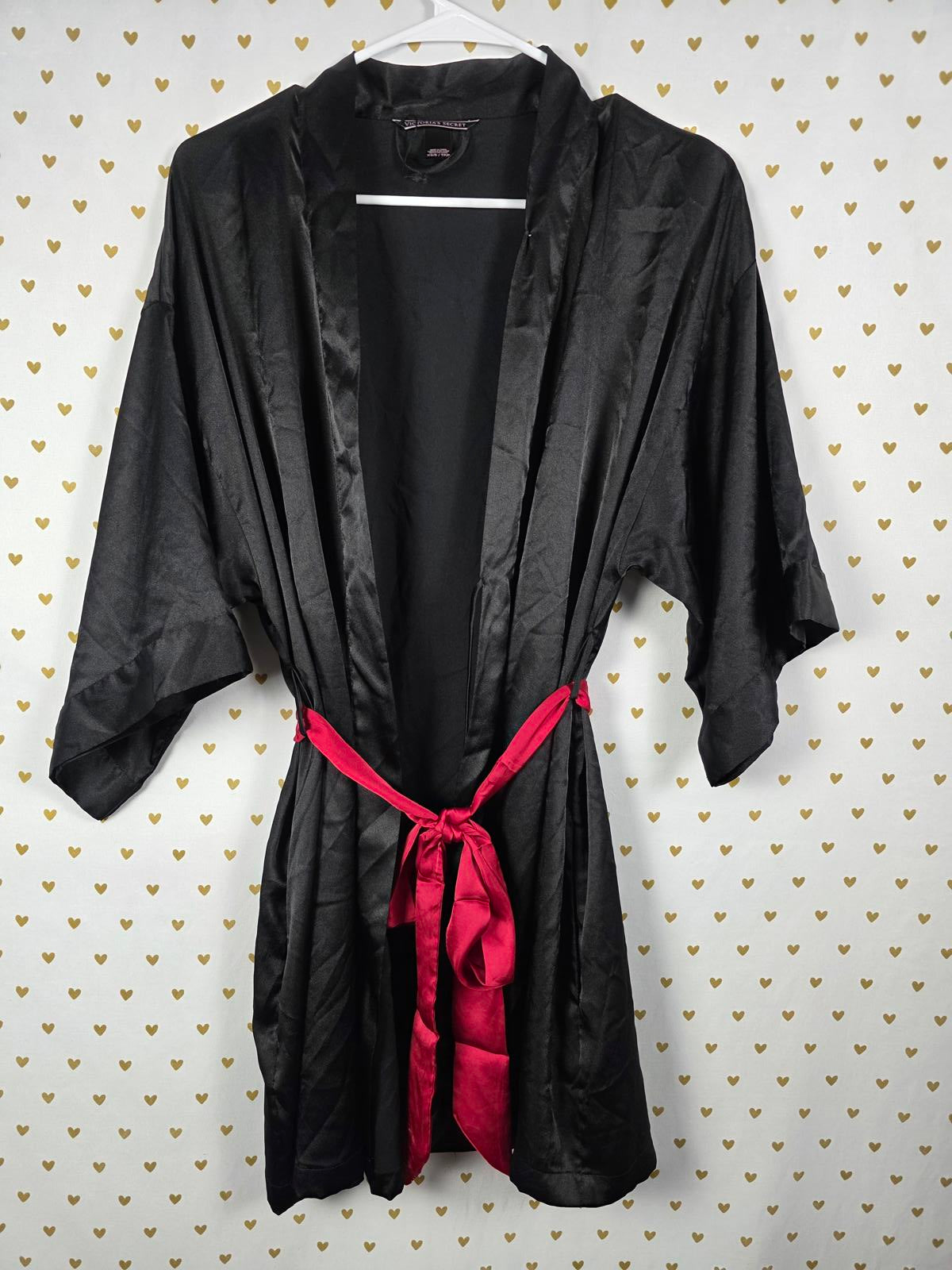 Victorias Secret Satin Silky Robe Black Red Robe Belt Lounge XS SMALL