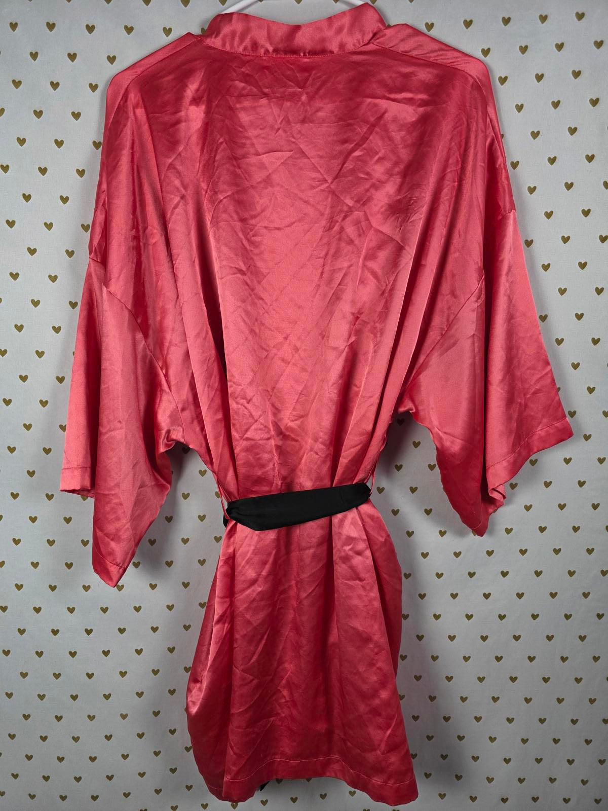 Victorias Secret Satin Silky Robe Coral Black One Size Fits All Kimono Smock