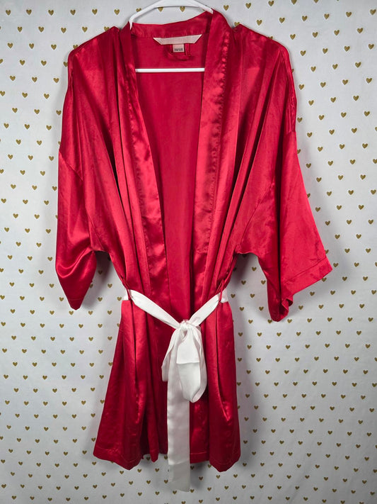 Victorias Secret Satin Silky Robe Red White Belt Kimono Smock ONE SIZE FITS ALL