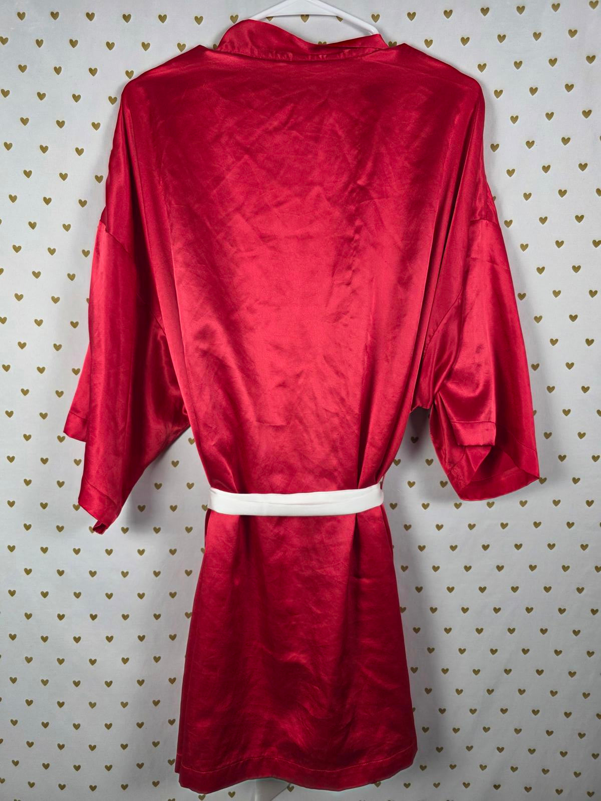 Victorias Secret Satin Silky Robe Red White Belt Kimono Smock ONE SIZE FITS ALL